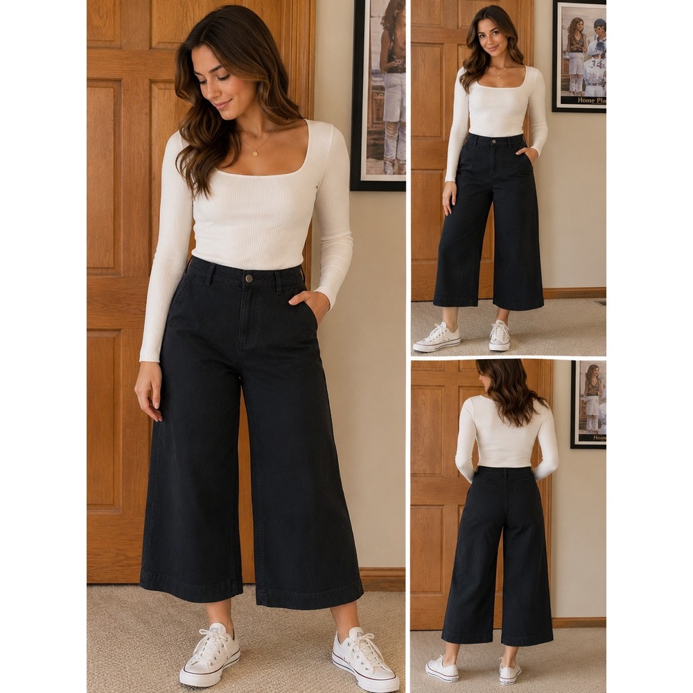 Alex‎ Marie Womens Black Wide Leg Trousers High Rise Stretch Pants Size 8